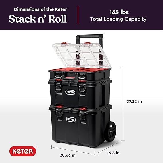 Keter Stack-n-Roll Modular Tools Organizer for Garage Storage and DIY, 3 Piece Resin Rolling Tool Box System for Small Parts, Black - Image 3