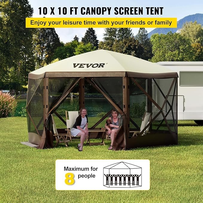 VEVOR Pop Up Gazebo Screen Tent, Pop-Up Instant Gazebo Tents with Mosquito Netting Outdoor Canopy, 6 Sided Sun Shelter 10x10ft with 6 Removable Wind Cloths & 2 Mesh Windows, Pavilion Tent for Patio - Image 4