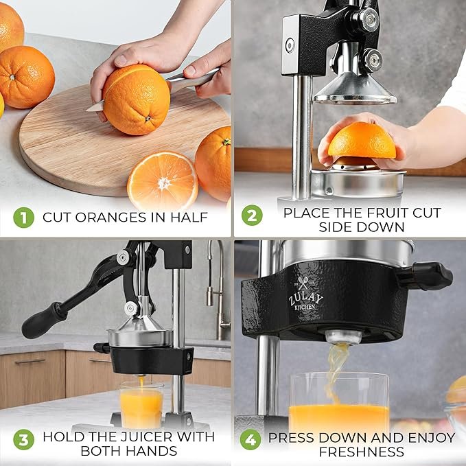 Zulay Kitchen Cast Iron Juicer – Easy-to-Clean Heavy-Duty Manual Juicer, Professional Citrus Juicer – Stainless Steel Lemon Squeezer – Manual Citrus Press & Orange Squeezer – Orange Juicer (Black) - Image 3