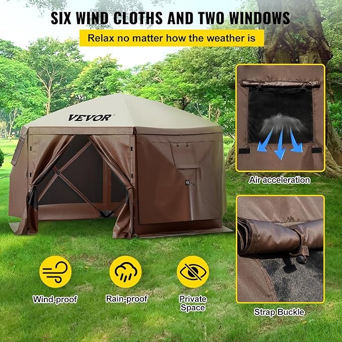 VEVOR Pop Up Gazebo Screen Tent, Pop-Up Instant Gazebo Tents with Mosquito Netting Outdoor Canopy, 6 Sided Sun Shelter 10x10ft with 6 Removable Wind Cloths & 2 Mesh Windows, Pavilion Tent for Patio - Image 3