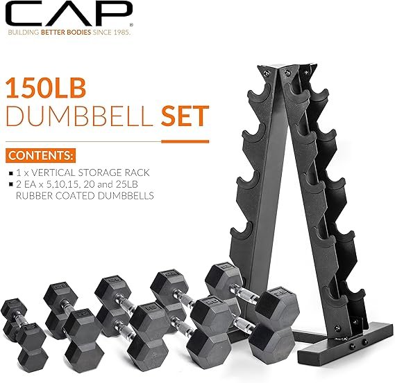 CAP Barbell Rubber Coated Dumbbell Weight Set with Vertical Rack | 100 lb, 150 lb, and 210 lb Options - Image 5