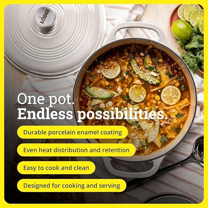 Lodge Essential Enamel Cast Iron Dutch Oven – Perfect for Bread Baking, Braising, Marinating & Slow Cooking – Features Moisture-Sealing Lid & Dual Handles – Kitchen Essentials – 6 Quarts – Oyster White - Image 5