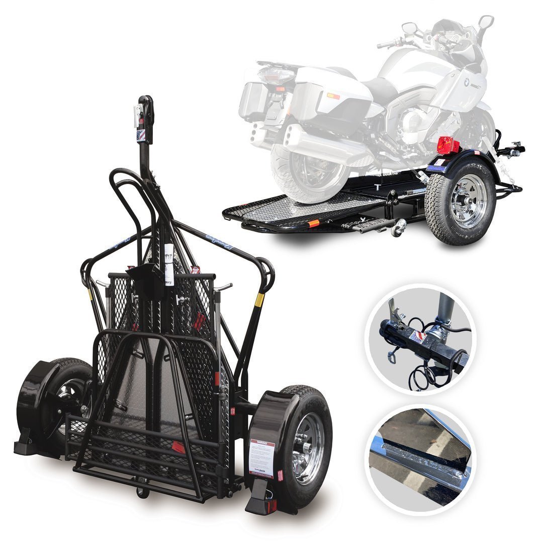 1-MainImage_1080x_e54b701a-ea97-4e05-8f9b-895e564dda4d.jpg Go! Series Single Rail Folding Motorcycle Trailers – Deluxe Chrome Wheels Balanced - Image 1