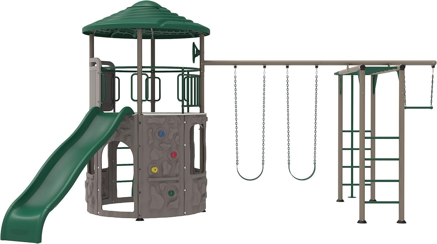 Lifetime Adventure Tower Deluxe Swing Set Playset Lifetime Adventure Tower, Covered Clubhouse, 9 ft Wavy Slide, Monkey Bars, Climbing Wall, Fireman’s Pole, Belt Swings & Trapeze