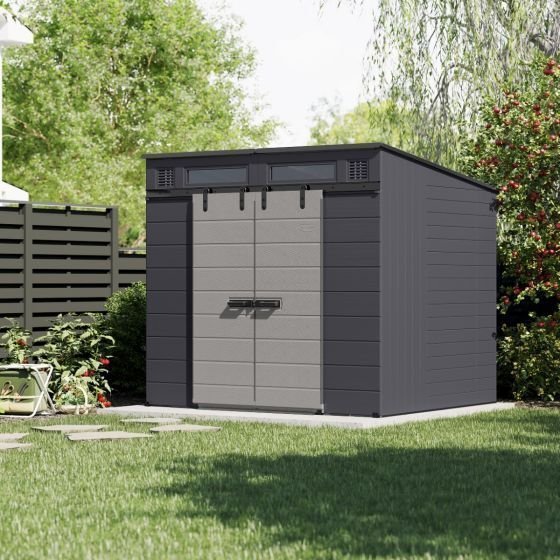 bms8780t_env-1.jpg Suncast Modernist® 8 ft. x 7 ft. Dual Barn Door Storage Shed - Image 1