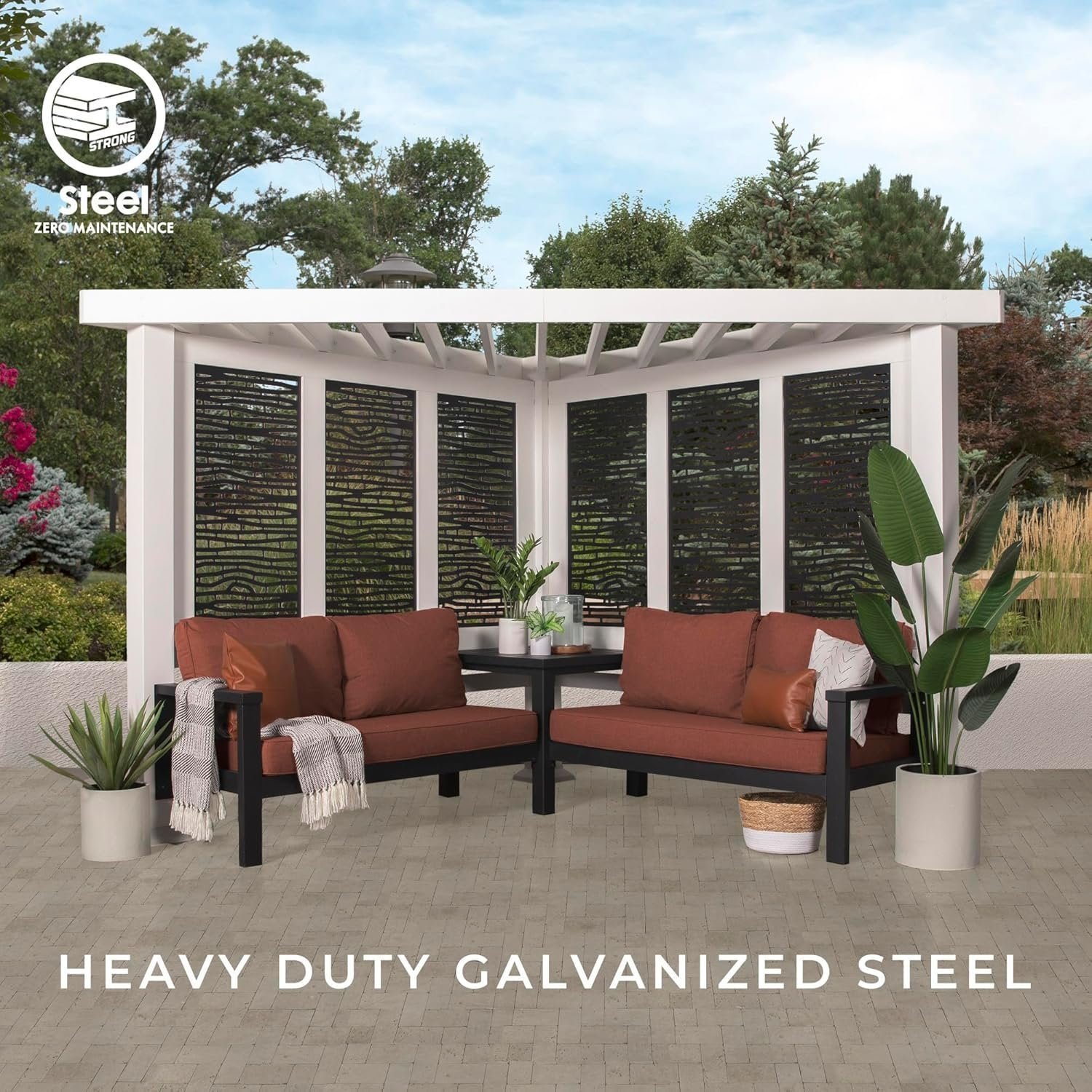 iben-product-98-image-2.jpg Ridgedale 8 Ft. X 8 Ft. White Steel Modern Cabana Pergola with Conversation Seating in Pumice - Image 1