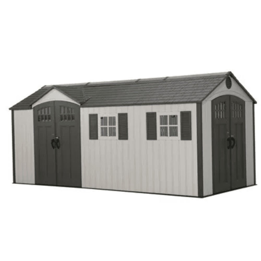 ltm-product-252-image-1.png Lifetime 8′ x 17.5′ Outdoor Storage Shed Dual Entry, Tan - Image 1