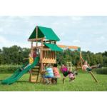 Canyon Creek All Cedar Swing Set Playset w/ Rockwall Upper Fort Belt Swings Web Swing Gray Wave Slide, and Play Kitchen - Image 2