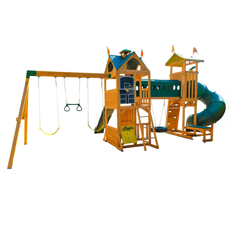 KidKraft Mocking bird View Wooden Swing Set / Playset with Tower, Hoop, Tunnel, and Tire Swing