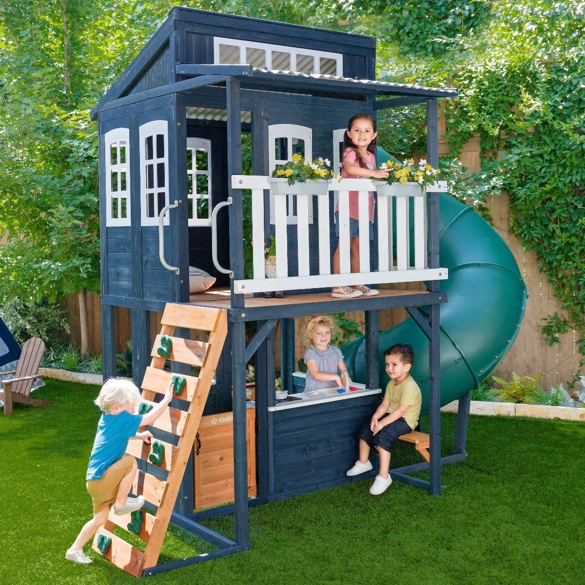 p280147_rsm_2.jpg KidKraft Cozy Escape Outdoor Play Tower, Tube Slide, Wooden Climbing Frame - Image 1